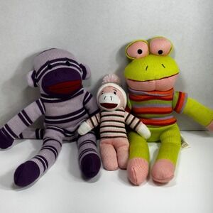Dan‎ Dee Knit Plush Lot Purple Monkey Green Frog Pink Monkey Stuffed Animals 3pc